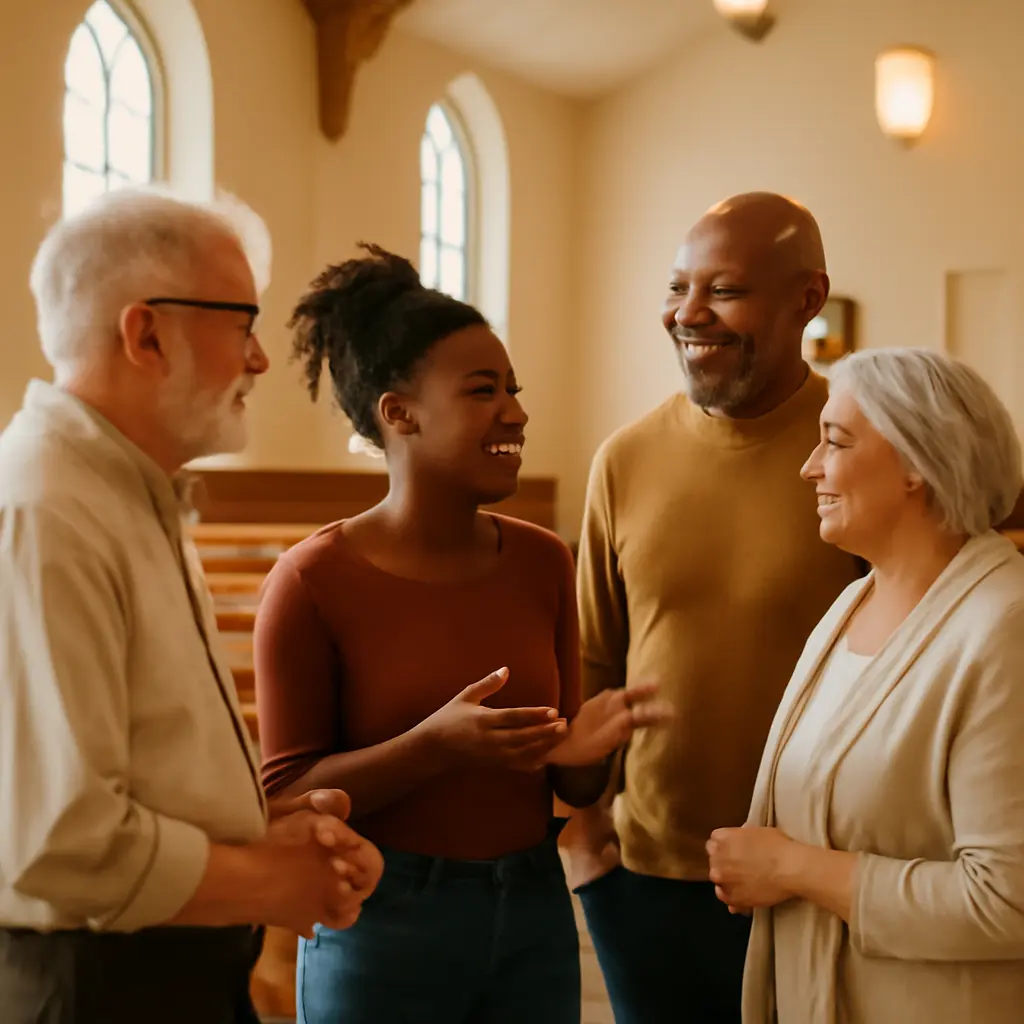 A diverse group of church members talking in a bright meeting hall