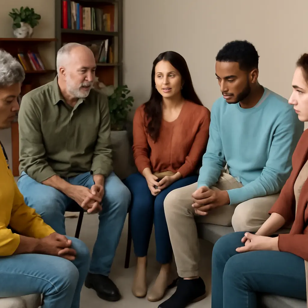 Community circle in discussion Small community circle gathered in a casual room talking and praying together