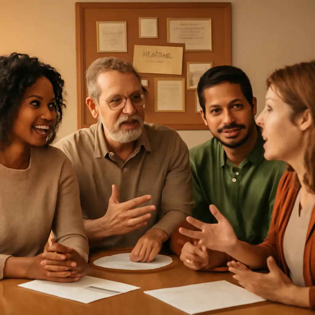 Diverse small group in conversation around a table, discussing community issues
