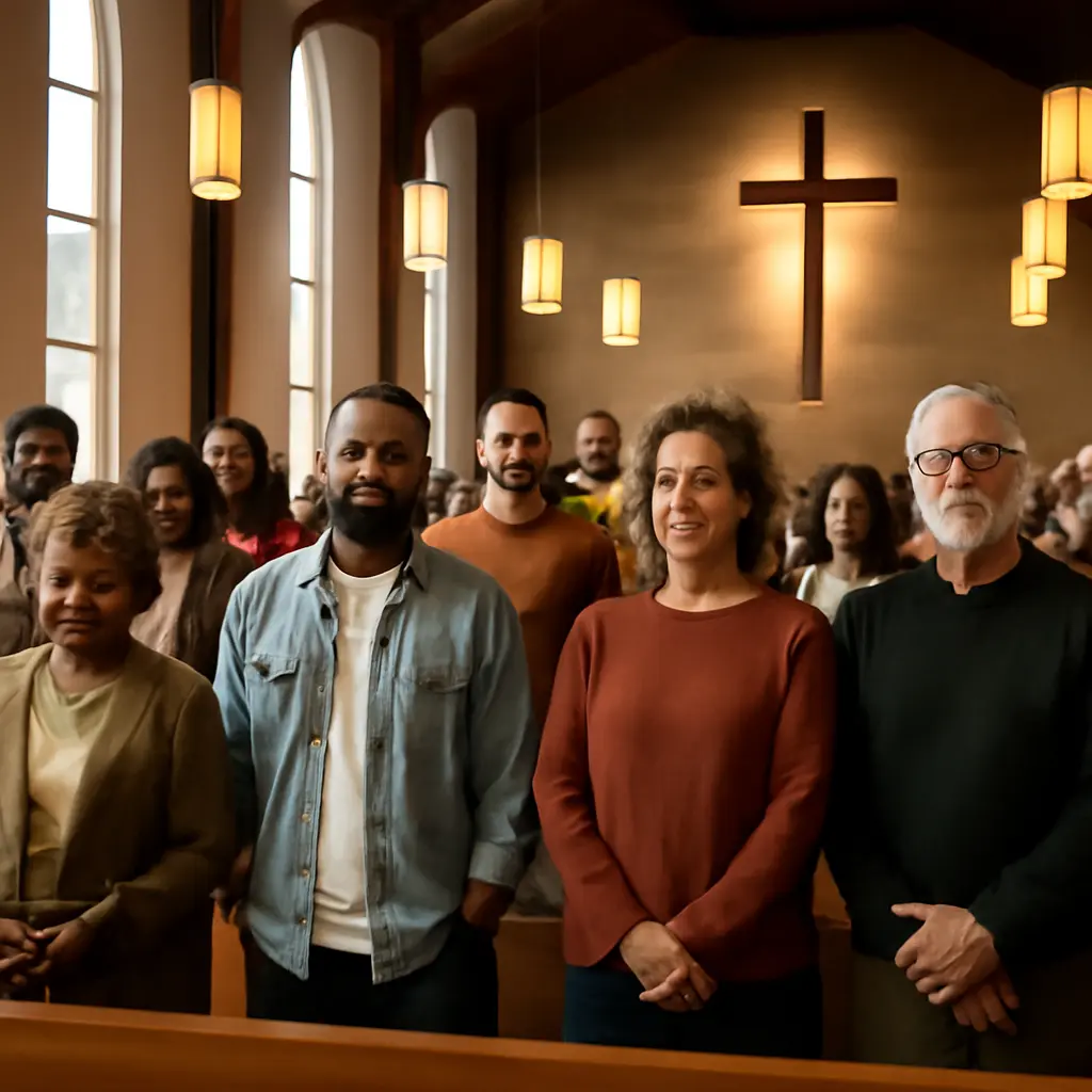 Diverse congregation gathered in a modern worship space