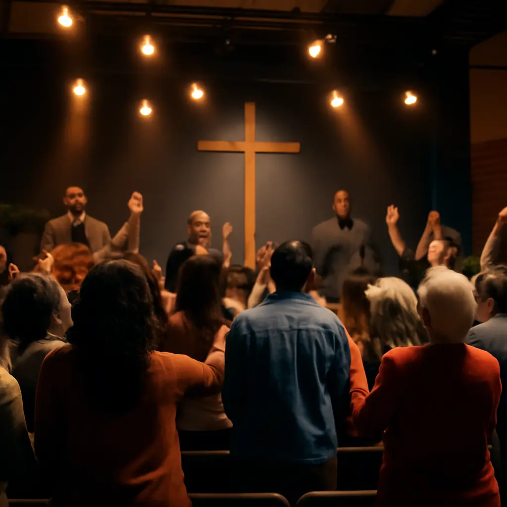 Congregation engaged in modern worship service with lights and projected lyrics