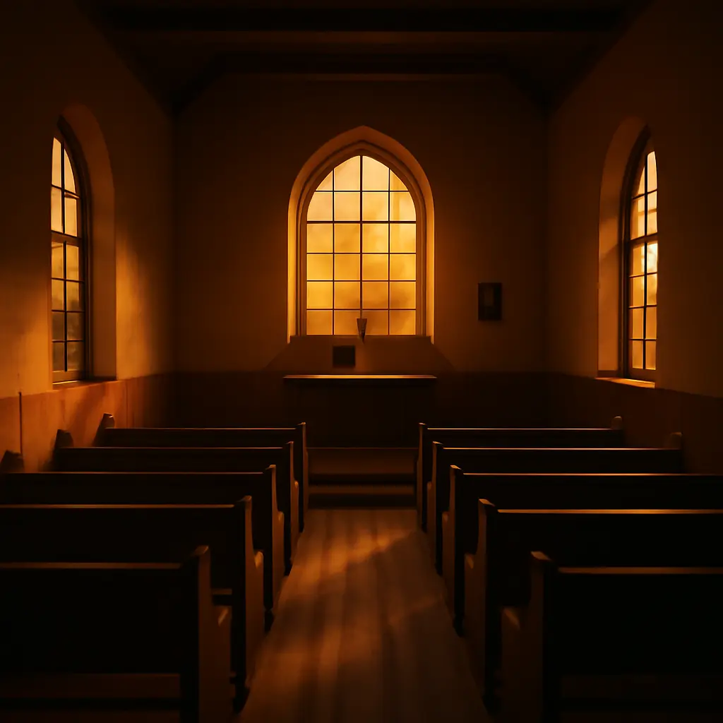 Empty chapel at dusk Interior of an empty chapel with warm light showing pews and silence