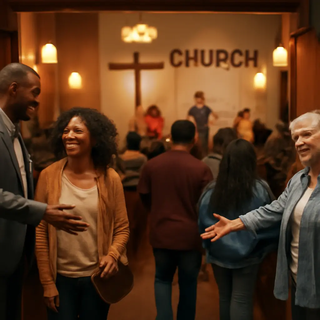 A modern, diverse worship service with clear signage and friendly greeters