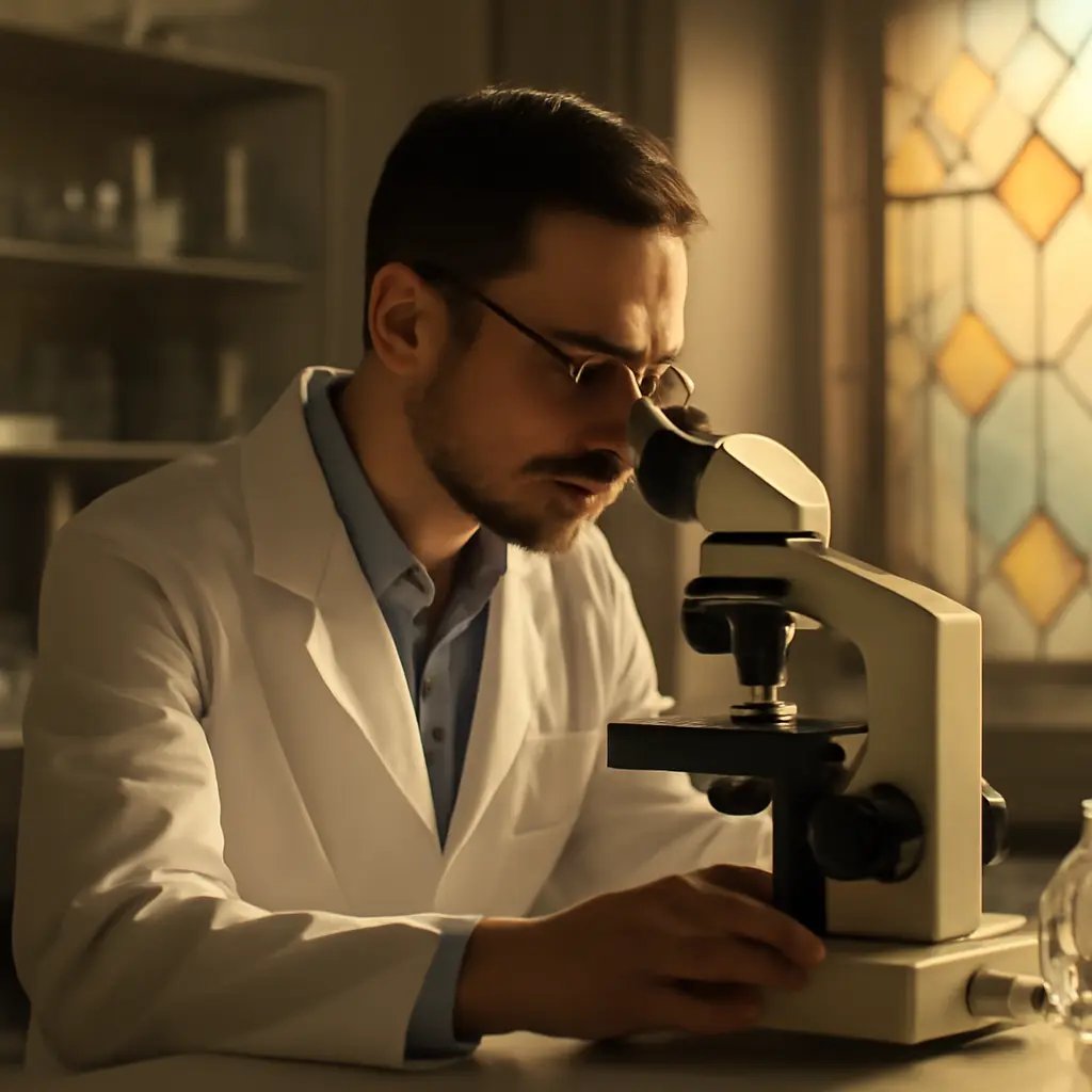A scientist working in a laboratory setting with subtle symbols of faith representing the harmony between religion and science