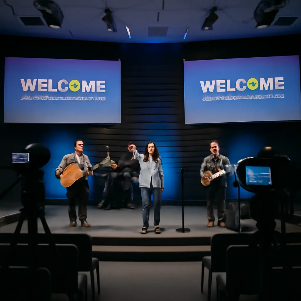 Stage with cameras, screens, and worship team creating hybrid service