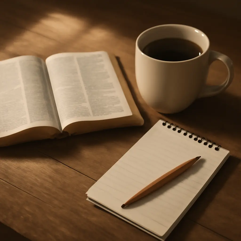 Open Bible, coffee, and a notepad for a quick five-minute faith news brief