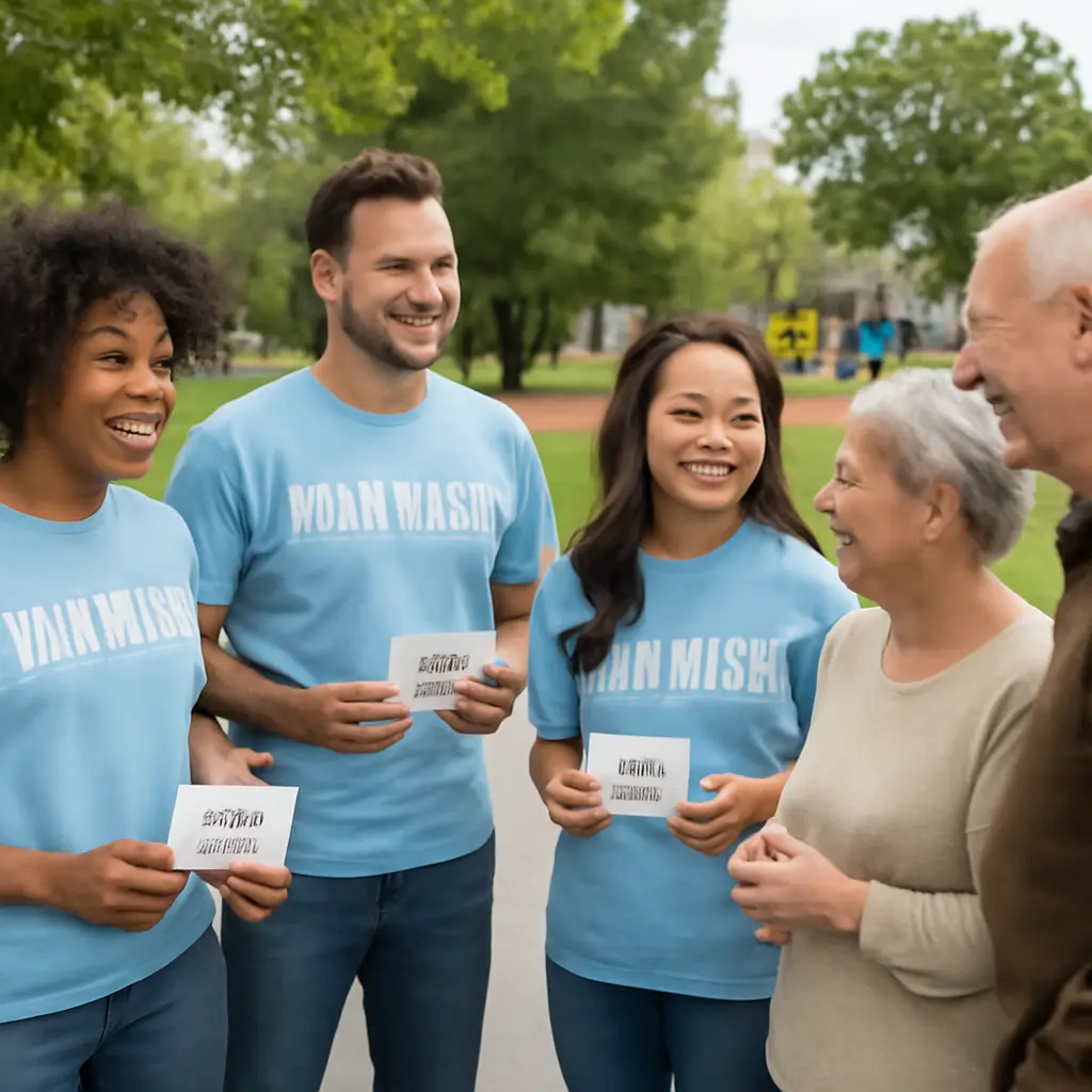 Volunteers speaking with neighbors and handing out invitations