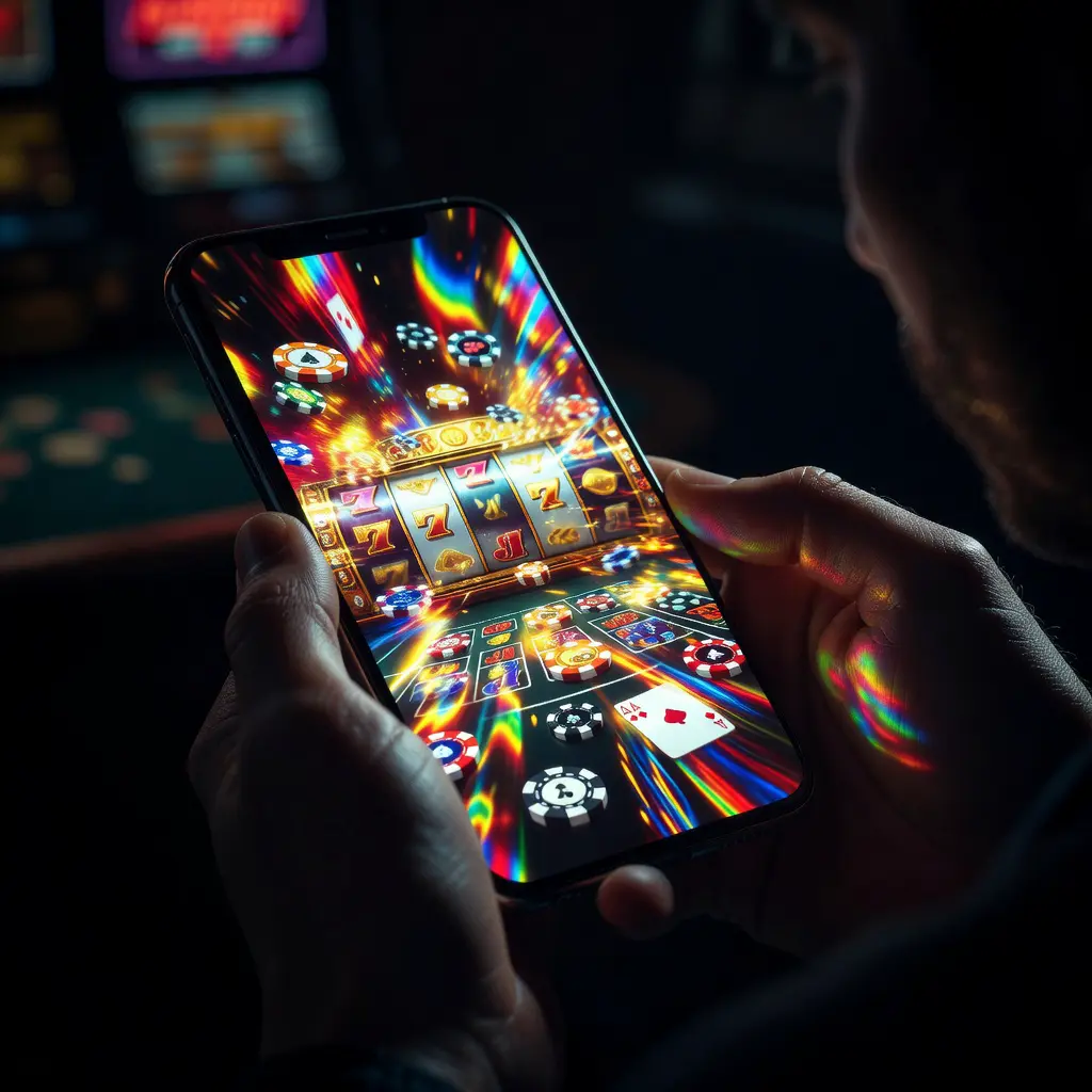 A close-up view of a smartphone displaying colorful online casino game graphics, illustrating the accessibility and visual appeal of digital gambling platforms