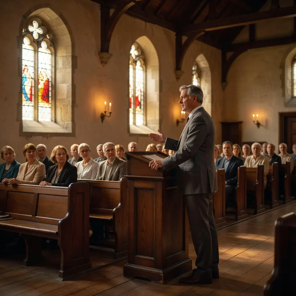 A faith leader addressing an attentive congregation from a church pulpit, representing religious communities engaging with contemporary moral challenges including digital gambling