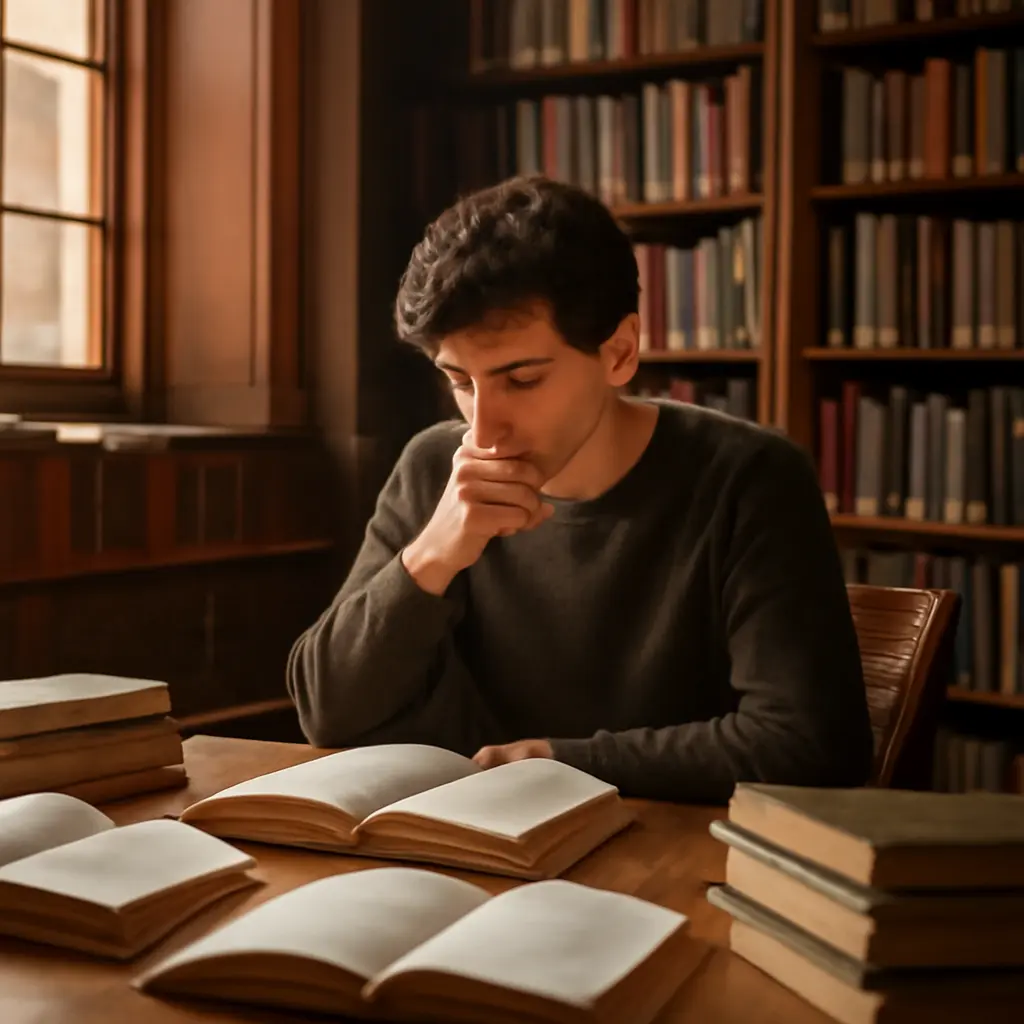 A person studying religious and academic texts in a library setting representing critical engagement with faith