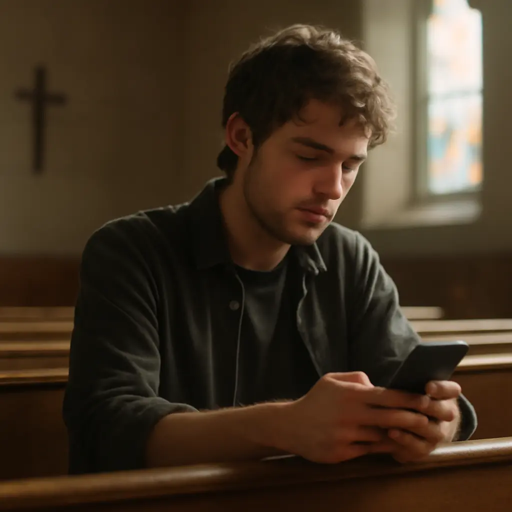Person using a phone in a pew Young person checking a smartphone while sitting in a church pew