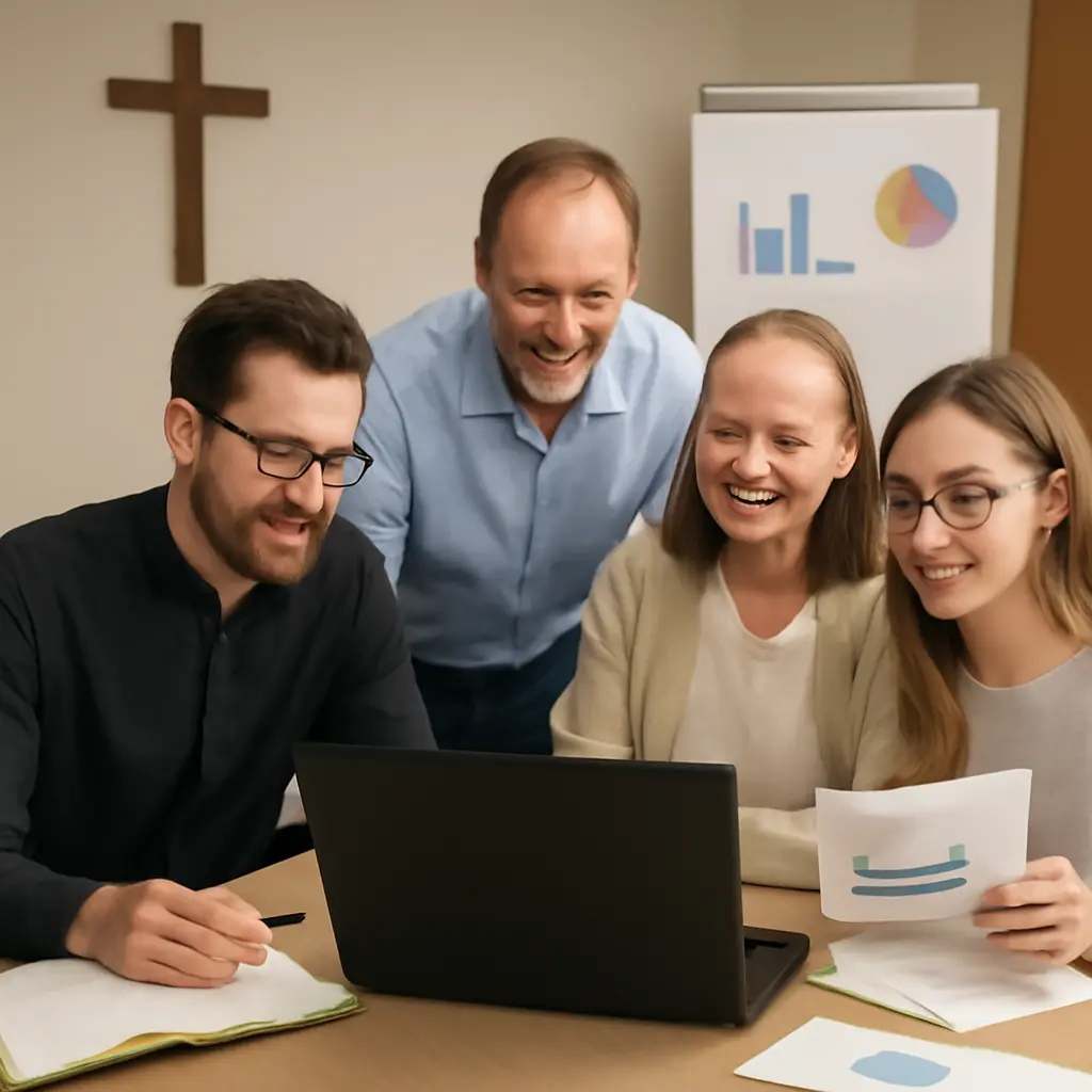 Church leaders around a laptop reviewing metrics and notes
