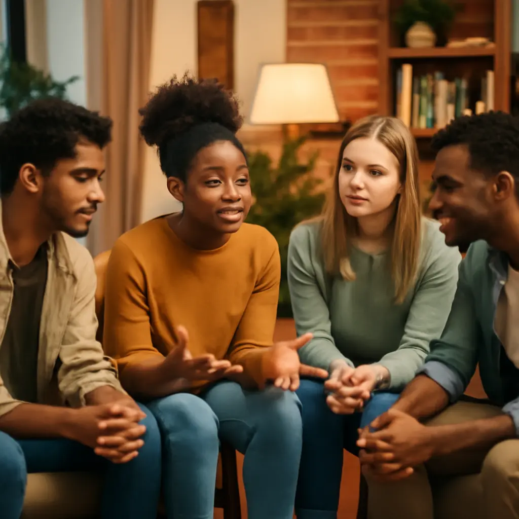Small group discussion Young adults in a small church group meeting, discussing and taking notes