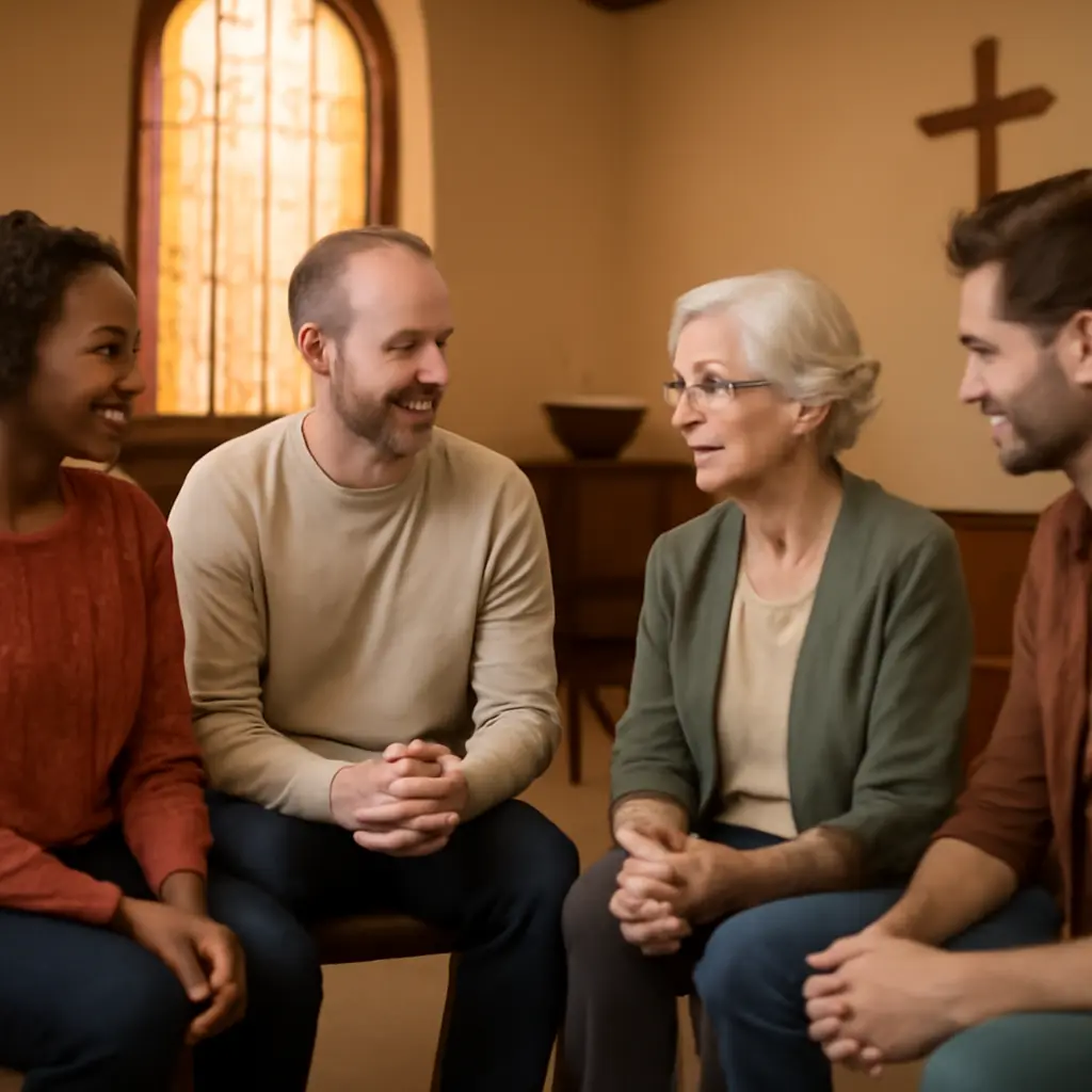 A small circle of church members in deep conversation during a pastoral small group