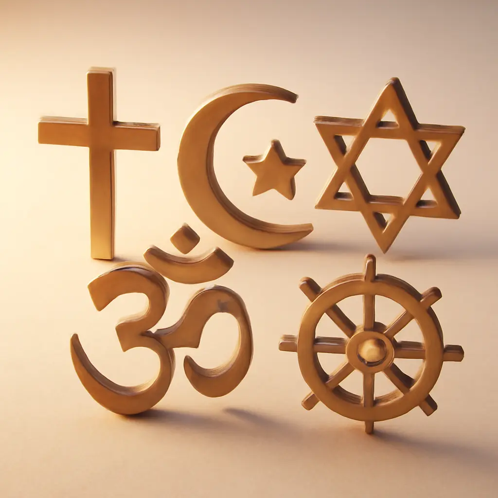 Symbols of major world religions arranged together representing the diversity of global faith traditions