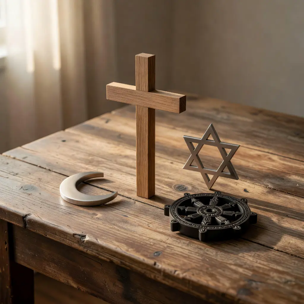 A peaceful arrangement of symbolic objects representing Christianity, Islam, Judaism, and Buddhism placed together on a wooden surface with soft natural lighting