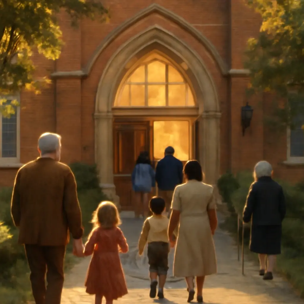 Congregation entering a bright church with open doors