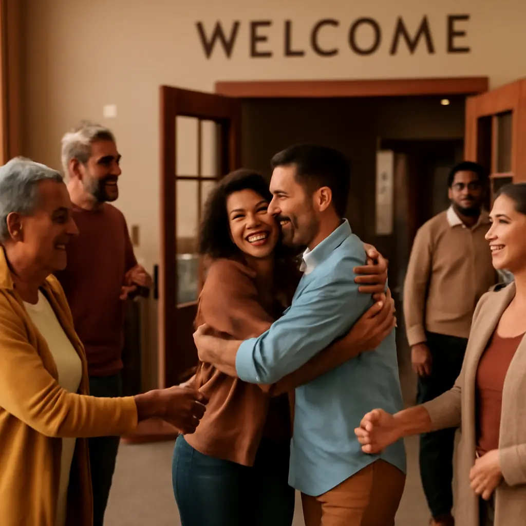 Congregation members greeting one another in a bright church lobby